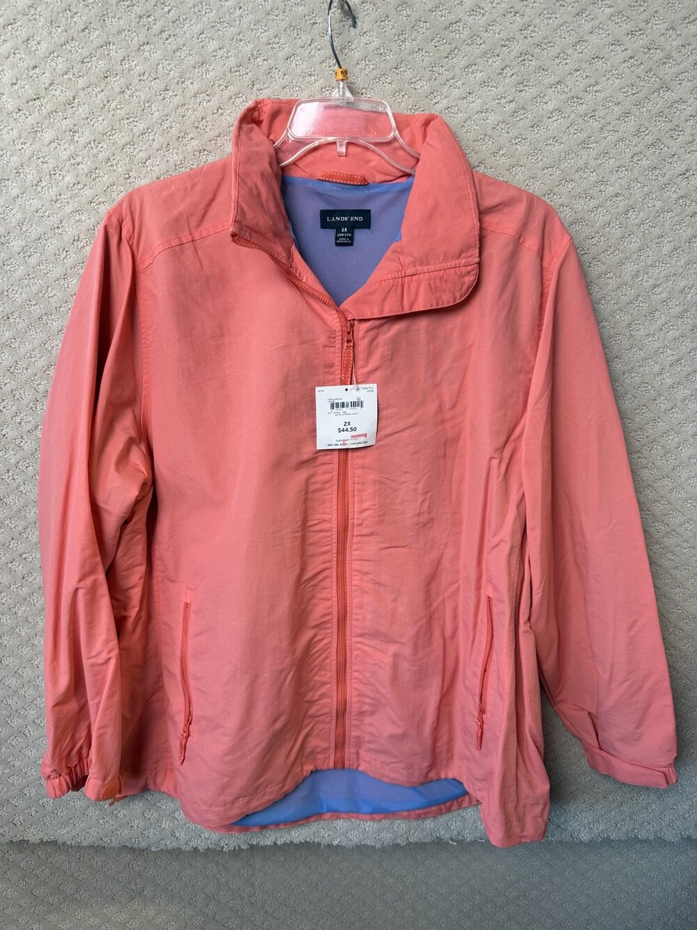 NWT Lands' End Windbreaker Jacket Womens 20W 22W Coral Pink Full Zip Size 2X